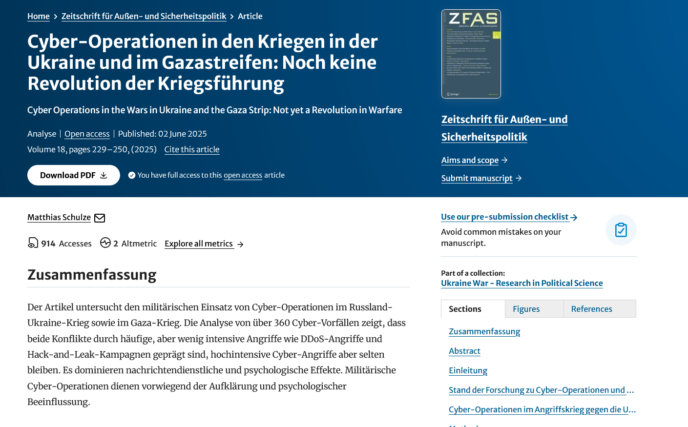 Peer-reviewed paper on Cyber Operations in the Wars in Ukraine and the Gaza Strip published